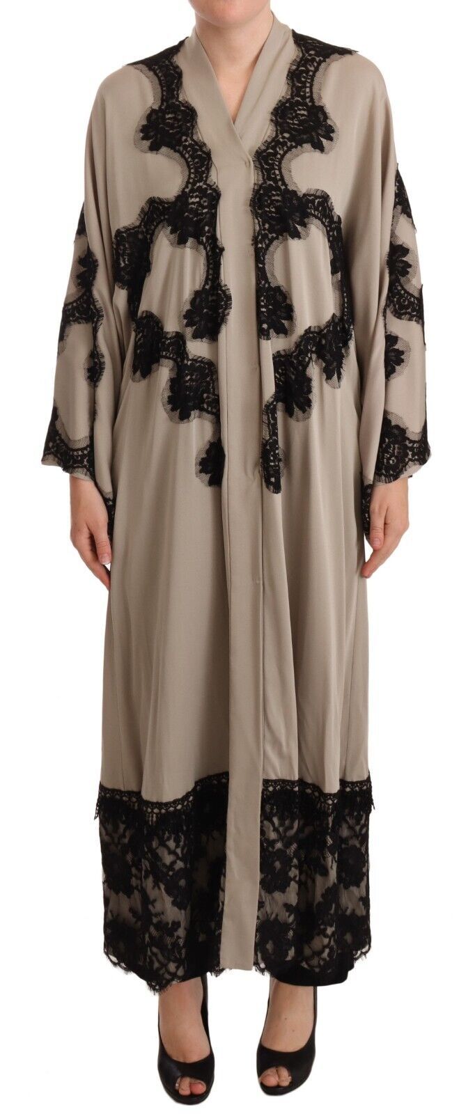 Beige Silk Lace Abaya Long Kaftan Dress