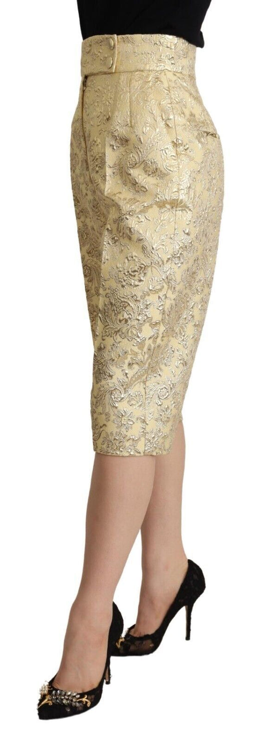 Beige Floral Brocade High Waist Trouser Cropped Pants