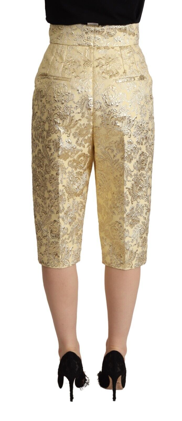 Beige Floral Brocade High Waist Trouser Cropped Pants