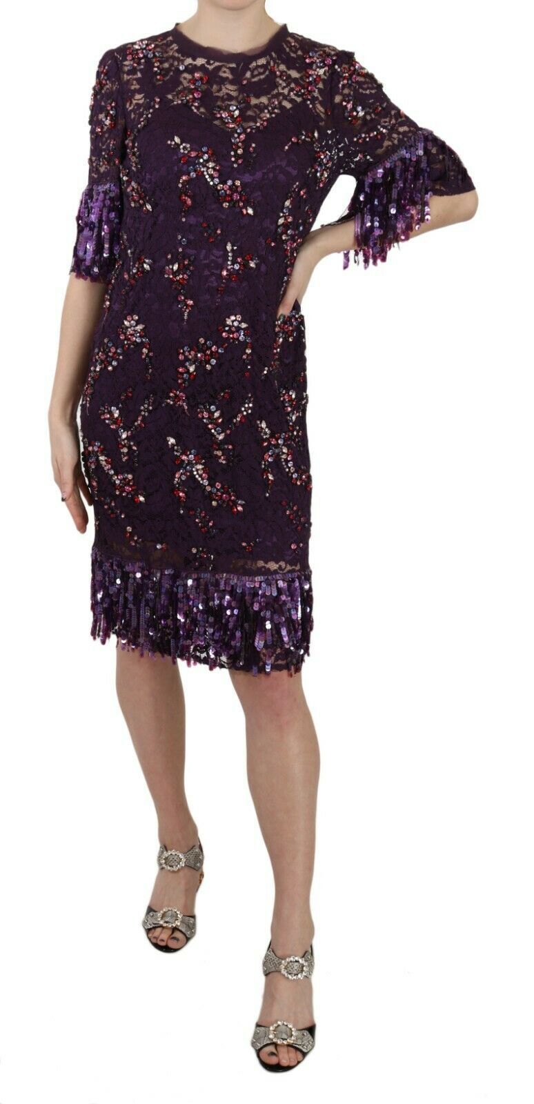 Purple floral lace crystal embedded dress