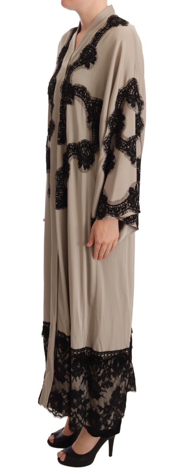 Beige Silk Lace Abaya Long Kaftan Dress