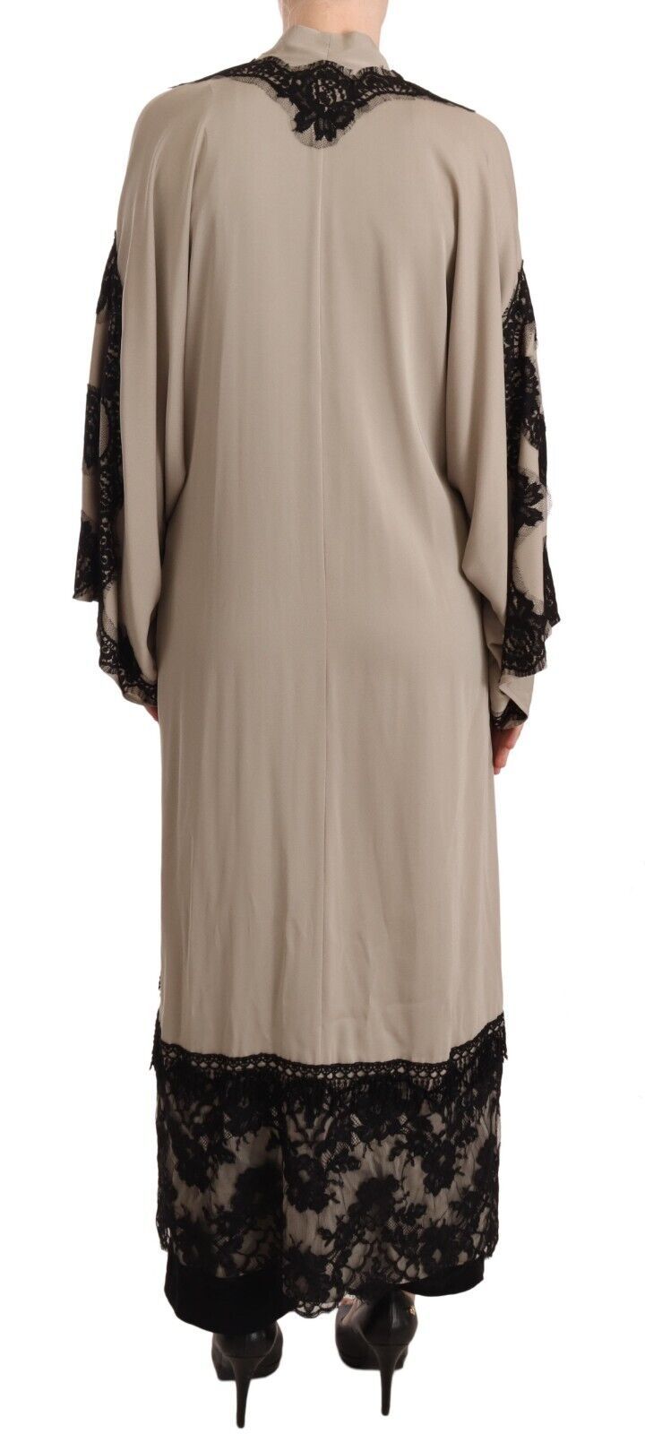 Beige Silk Lace Abaya Long Kaftan Dress