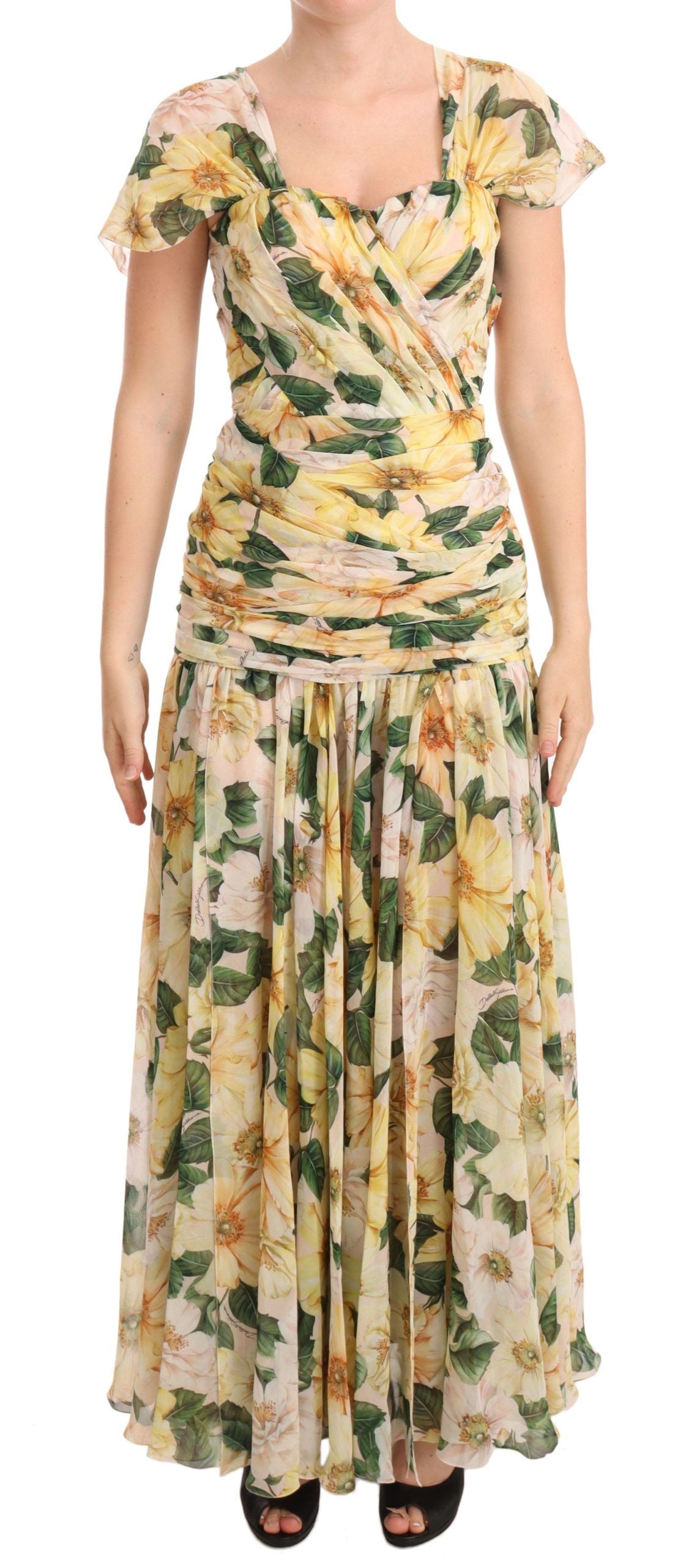 Yellow Silk Floral Print Pleated Max Dress